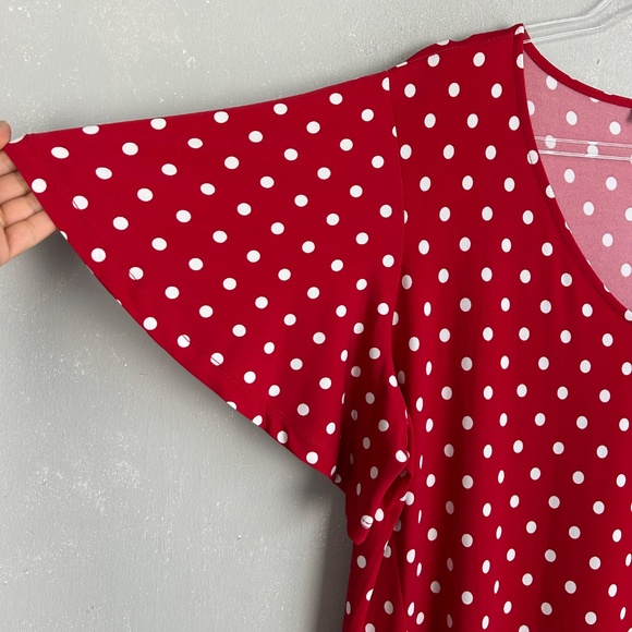 Susan Graver size XL midi dress liquid knit flutter sleeve red polka dot v-neck - Picture 5 of 11